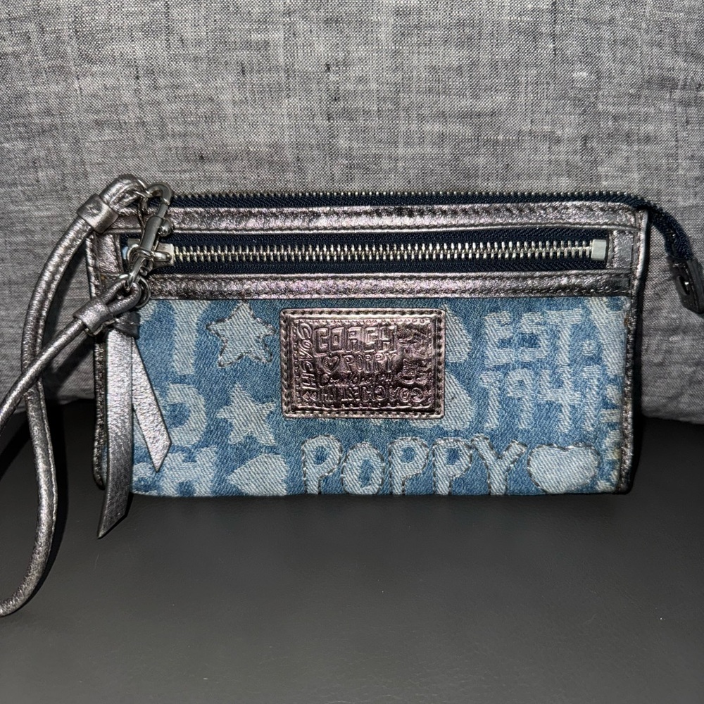 Coach Blue Denim Wristlet with Silver Trim